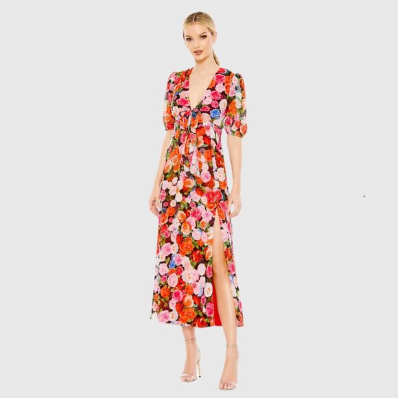 NWT Mac Duggal Multicolor Floral Front Tie Puff Sleeve Flowy Dress 8 #A0541 - Picture 1 of 8